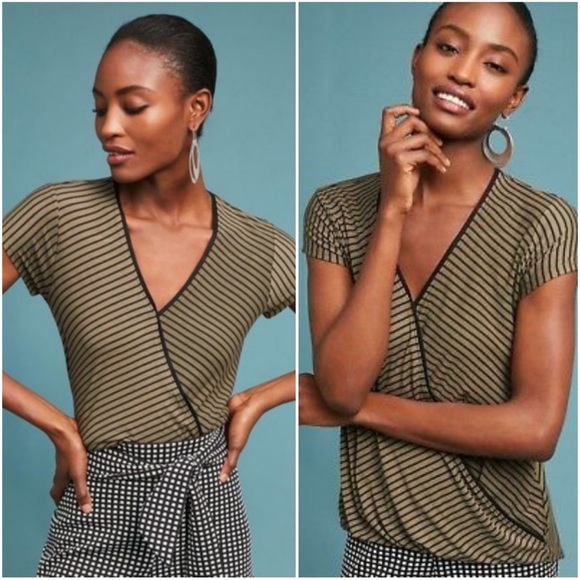 Anthropologie Tops - Anthro Maeve Leila Olive Green Striped Short Sleeve Top